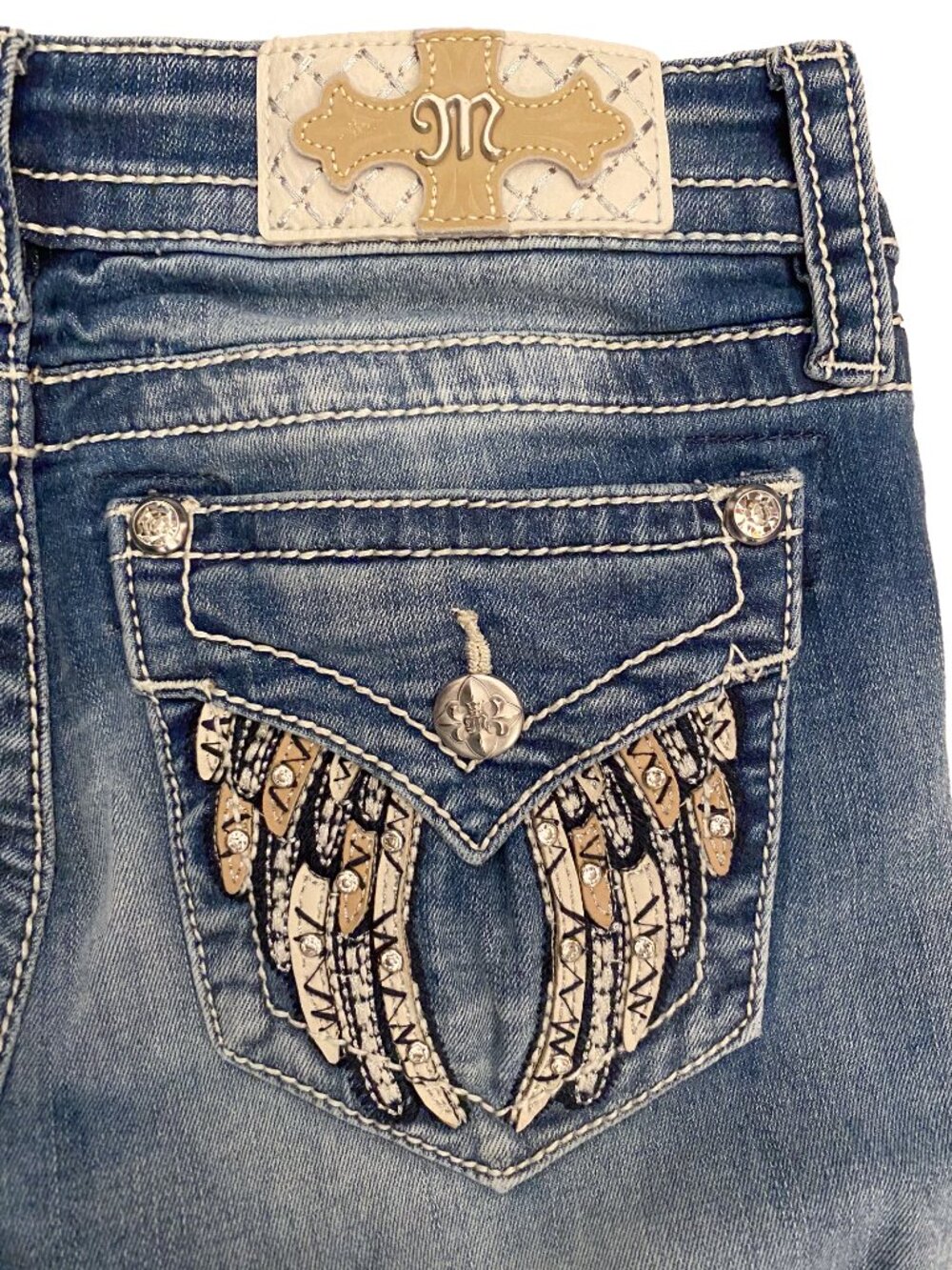 MISS ME Hailey Rhinestone Pocket Skinny Jeans 25 Angel Wings